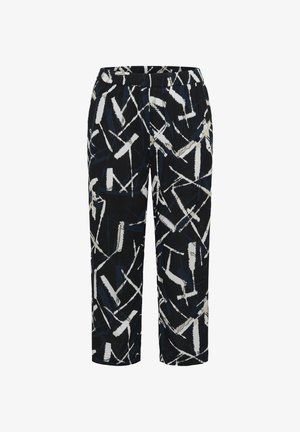 Pantalon noir avec un motif abstrait en blanc et nuances de bleu. Il présente une taille élastique et une coupe décontractée, avec une longueur cropped.