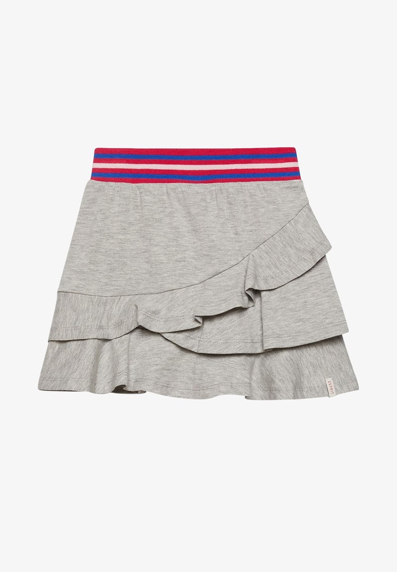 Jupe à couches gris clair avec détail volants et taille élastique présentant des rayures horizontales rouges, blanches et bleues.