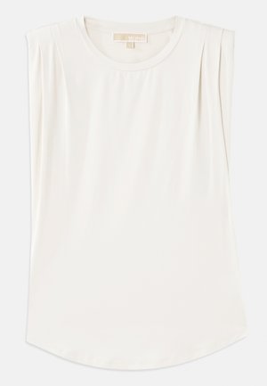 White sleeveless top made of smooth fabric, featuring a round neck and subtle pleats on the shoulders, with a curved hemline.