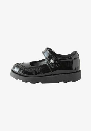 Schwarzer glänzender Mary Jane-Schuh mit Blumenstickerei, Klettverschluss, gepolstertem Innenfutter und dicker, profilierter Sohle für guten Halt.