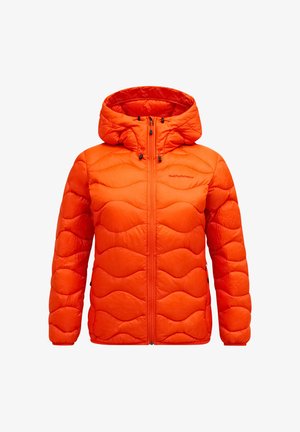Orange puffer jacket with a hood, featuring a wave pattern, front zipper, and drawcords for adjustment. Smooth outer texture.