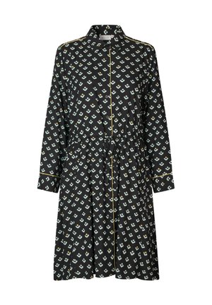 Vestido negro de manga larga, con cierre de botones al frente, cintura elástica y un patrón geométrico repetido en tonos azul claro y marrón.