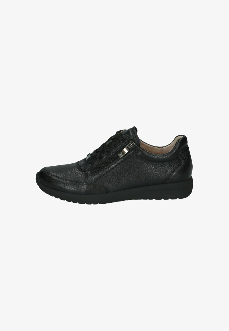 Chaussure décontractée en cuir noir texturé avec fermeture éclair latérale, lacets, col rembourré et semelle en caoutchouc plate vue de l'extérieur.