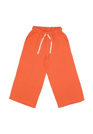 Orange wide-leg pants with elastic waistband and white drawstring, featuring side pockets.