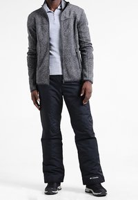 Giacca in pile grigia con zip sopra un polo grigio chiaro, abbinata a pantaloni isolati neri e scarpe nere. Presenta tasche sulla giacca.