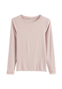 Ljusrosa långärmad topp med ribbad textur och vågformad spetsdetalj vid ärmsluten. Rundad halsringning och avslappnad passform.