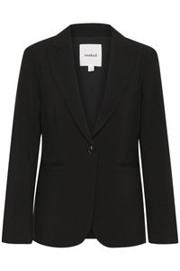 Černý stylový blazer z hladké tkaniny, který má jednobotonové zapínání, klopové límce a dvě přední kapsy.
