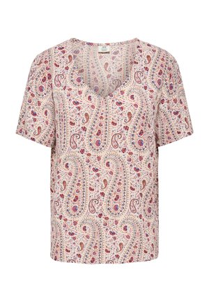Blouse à manches courtes avec col en V, base beige et motif cachemire et floral rouge, bleu et orange.