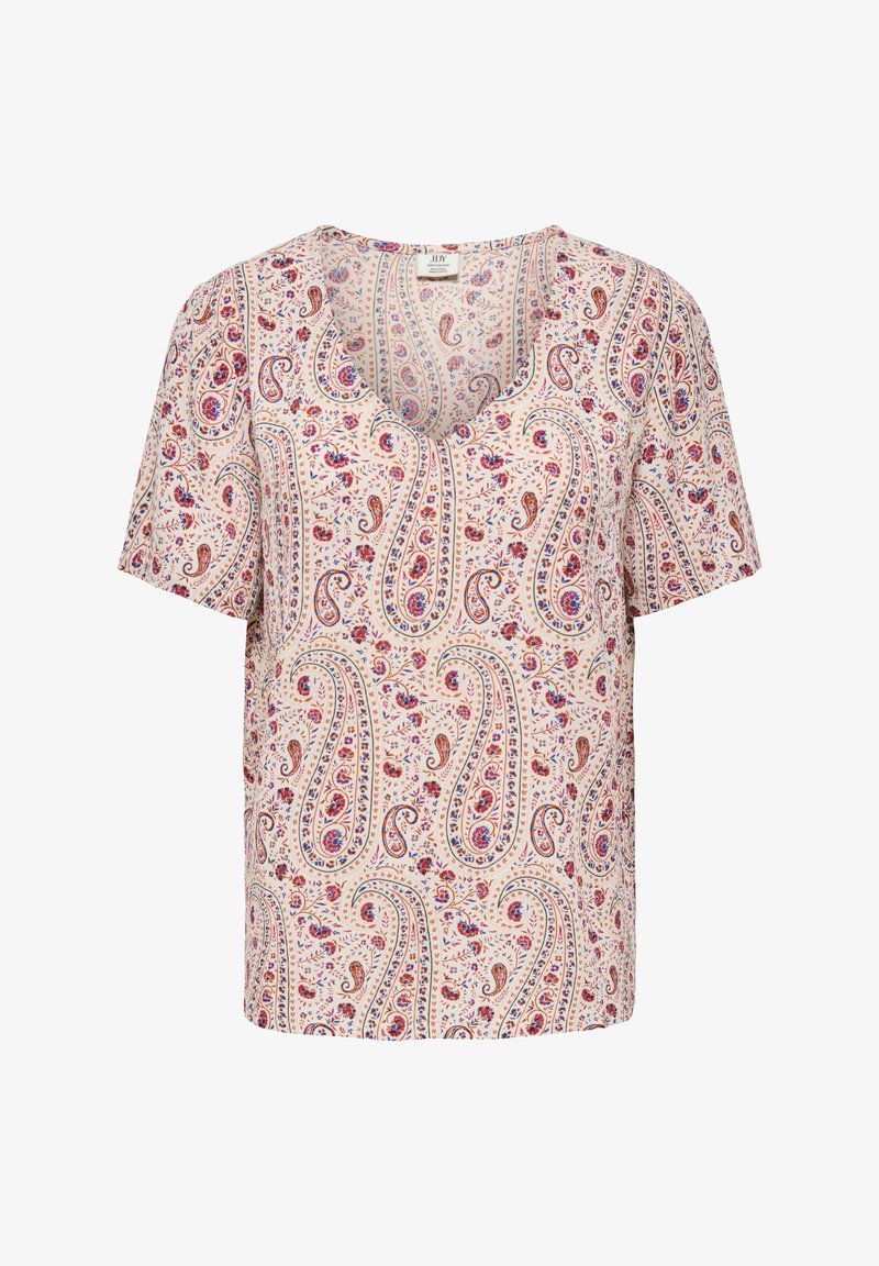 Blouse à manches courtes avec col en V, base beige et motif cachemire et floral rouge, bleu et orange.