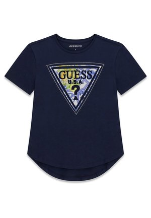 Maglietta a maniche corte blu navy con logo triangolare Guess USA a motivo floreale e dettagli in strass sul davanti.