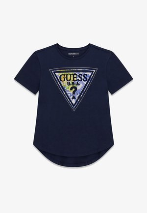 Dunkelblaues kurzärmeliges T-Shirt mit einem dreieckigen Guess USA Logo mit Blumenmuster und Strassstein-Dekor auf der Vorderseite.