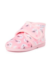 Roze stoffen slipper met klittenbandsluiting, voorzien van een patroon van manen en sterren, zachte textuur en een ronde teenvorm.