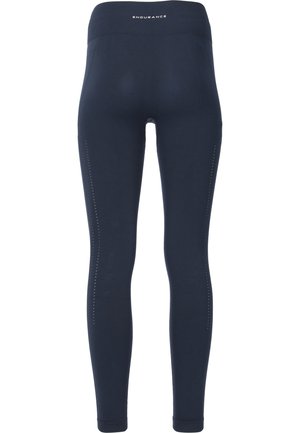 Marineblauwe leggings met een brede elastische tailleband, voorzien van decoratieve stiksels aan de zijkant en een gladde, rekbare stoftextuur.