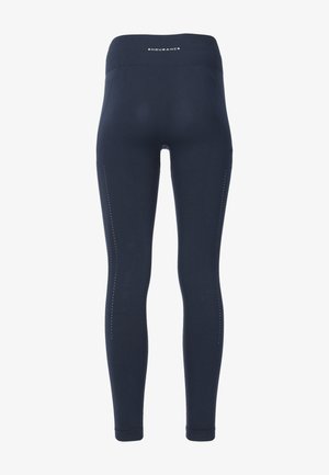 Marineblå leggings med en bred elastisk talje, der har dekorativ brodering langs siden og en glat, strækbar stoftekstur.
