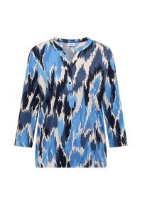 Blouse à manches longues avec motif abstrait bleu, noir et blanc, encolure ronde et patte de boutonnage à trois boutons.