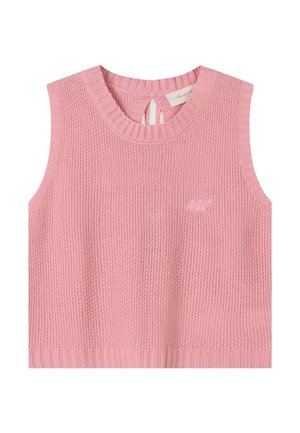 Rosa ermeløs strikket genservest med ribbestrikket rund hals og knappelukking på baksiden, med subtilt brodert detalj på brystet.