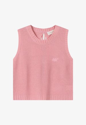 Rosa ermeløs strikket genservest med ribbestrikket rund hals og knappelukking på baksiden, med subtilt brodert detalj på brystet.