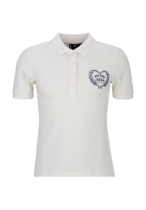 Witte polo met korte mouwen, kraag, vier knopen en een blauw geborduurd hartvormig logo met de tekst "Milano Università 1969" op de borst.