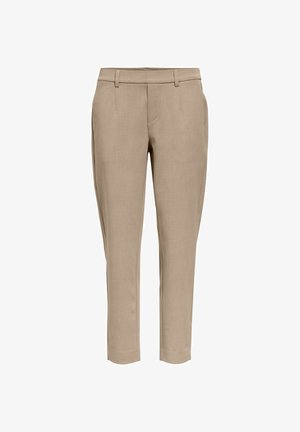 Beige maßgeschneiderte, schmal geschnittene Hose mit Gürtelschlaufen, Seitentaschen und einem vorderen Reißverschlussverschluss.