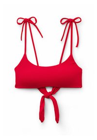 Červený bikiny top vyrobený z texturované látky, s nastavitelnými zavazovacími ramínky a uzlem v přední části.