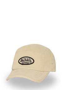 Cappello in corduroy khaki con una toppa ovale nera con la scritta "Von Dutch California". Dotato di visiera curva e tessuto textured.