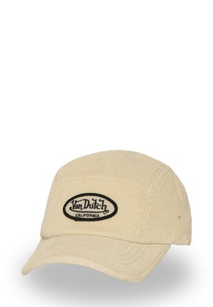 Casquette en velours côtelé kaki avec un patch ovale noir arborant "Von Dutch California". Présente un visière incurvée et un tissu texturé.