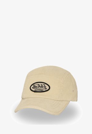 Gorra de pana color caqui con un parche ovalado negro que presenta "Von Dutch California". Cuenta con visera curvada y tela texturizada.