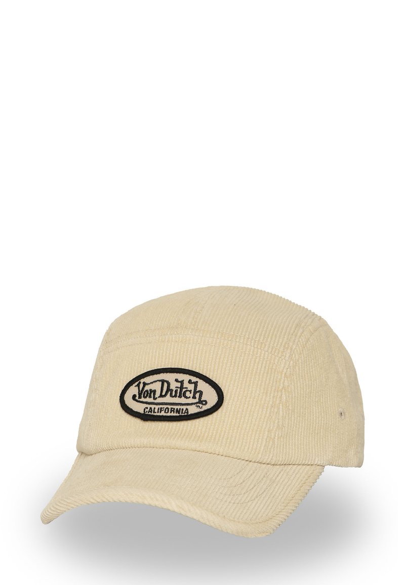 Cappello in corduroy khaki con una toppa ovale nera con la scritta "Von Dutch California". Dotato di visiera curva e tessuto textured.