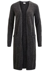 Lång, öppen kardigan i mörkgrått stickat tyg. Har långa ärmar och två framfickor. Texturerad yta med subtila variationer.