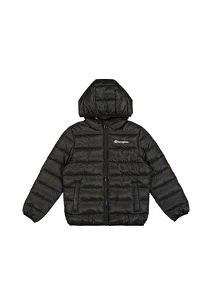 Giacca imbottita nera con cappuccio, zip frontale completa, due tasche frontali, polsini elasticizzati e piccolo logo bianco Champion sul petto.
