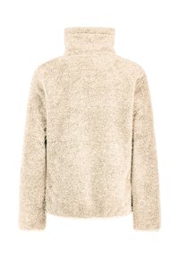 Béžová, dlhá mikina s vysokým golierom a dlhým rukávom z fleece materiálu s mäkkou, nadýchanou textúrou, zobrazená zozadu.