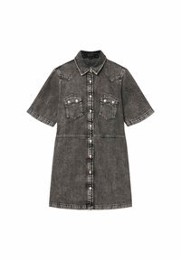 Lyhythihainen musta farkkumekko, jossa edessä napillinen suljenta, kaksi napillista rintataskua ja kaulus.