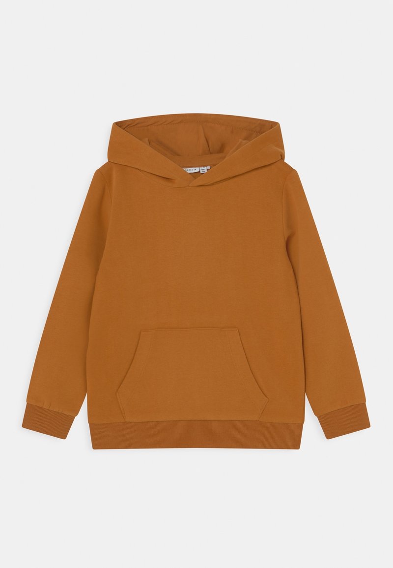 Sweat à capuche marron à manches longues avec poche kangourou à l’avant et poignets côtelés, présenté sur un fond blanc uni.