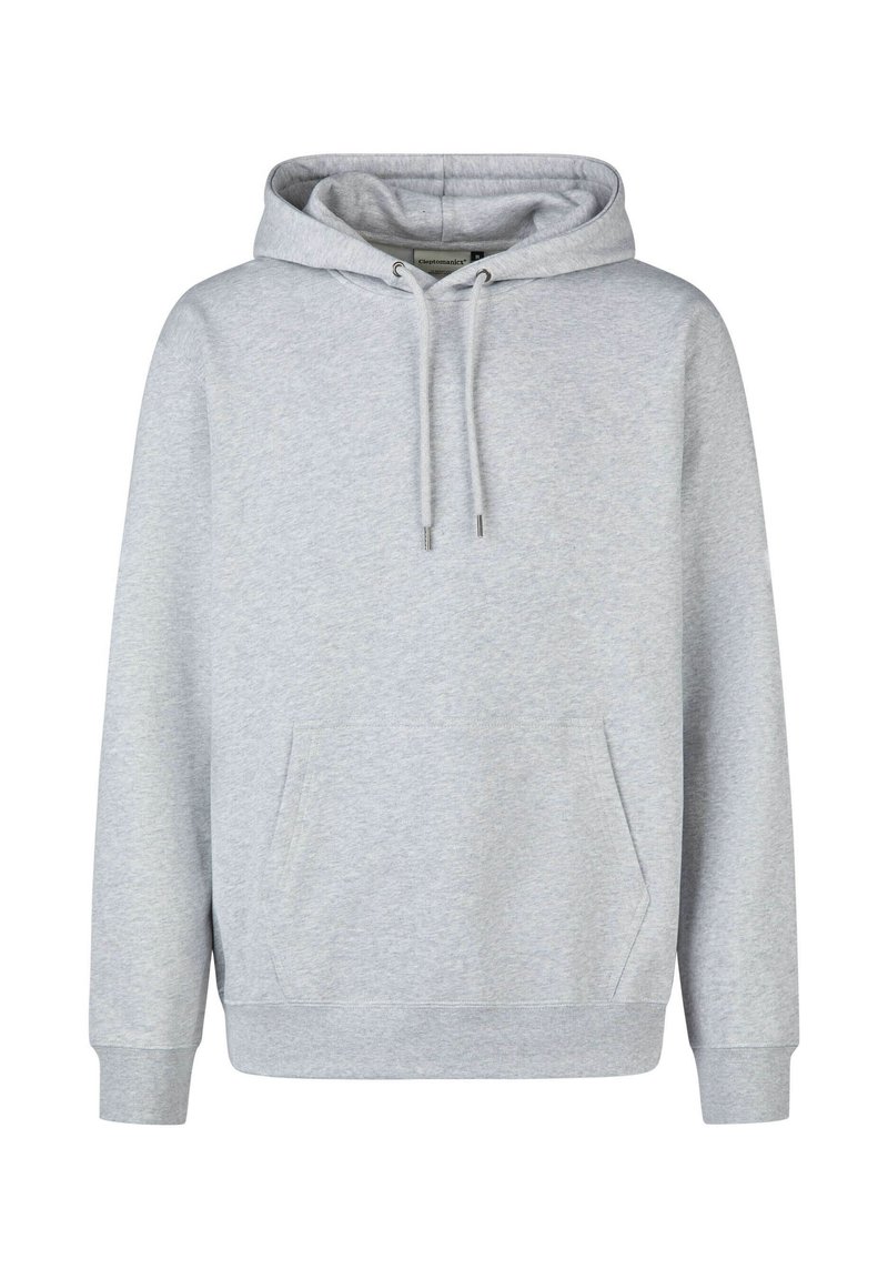 Gray hoodie made of soft fabric, featuring a kangaroo pocket, adjustable drawstring hood, and ribbed cuffs and hem.