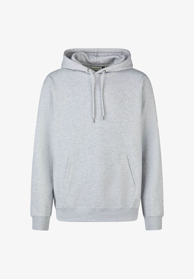 Grauer Hoodie aus weichem Stoff, ausgestattet mit einer Kängurutasche, verstellbarem Kordelzugkapuze und gerippten Bündchen sowie Saum.
