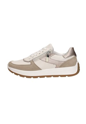 Men's beige and taupe leather sneaker with white laces, side zipper, white midsole, and brown rubber outsole.