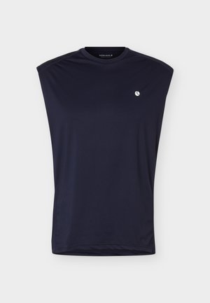 Marineblå ermeløs treningstopp med rund hals og liten hvit logo på øvre venstre bryst.