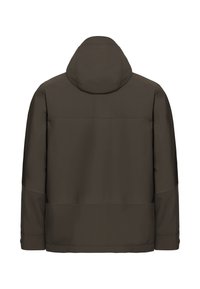 Wasserabweisende braune Jacke mit Kapuze. Verfügt über eine glatte Textur, geraden Schnitt und keine sichtbaren Beschläge oder Muster. Nur Rückansicht.