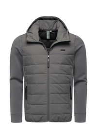 Grå jacka med en kombination av quiltat och slätt tyg, hög krage, dragkedja fram och sidofickor med dragkedjor.