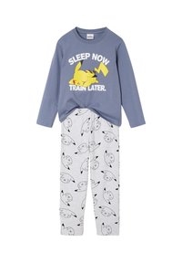Children’s blue long-sleeve top with sleeping Pikachu and text "SLEEP NOW TRAIN LATER," paired with light gray pants featuring multiple Pikachu faces.