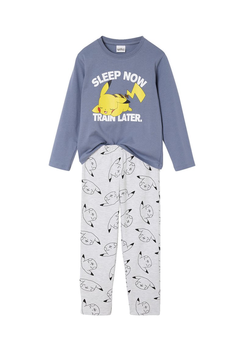 Children’s blue long-sleeve top with sleeping Pikachu and text "SLEEP NOW TRAIN LATER," paired with light gray pants featuring multiple Pikachu faces.