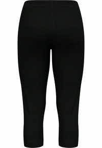 Leggings capri noirs en tissu extensible. Présentent une large ceinture et une texture lisse. Aucun motif visible ni détail matériel.