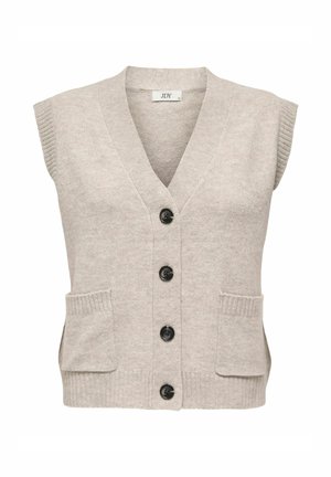 Lichtgrijze mouwloze cardigan met een V-hals, vijf zwarte knopen, licht geweven zakken en geribbelde details langs de schouders.