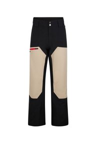 Black and beige pants with a straight fit. Features include reinforced knees, a side pocket with red accents, and a button closure.