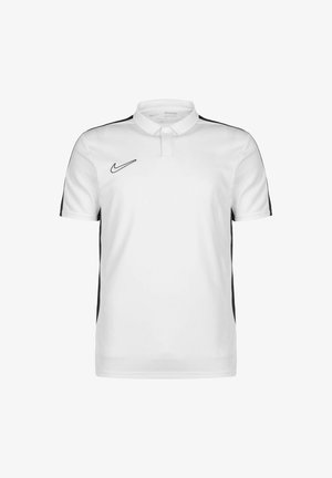 Polo bianco con strisce nere laterali, dotato di colletto con bottoni e un piccolo logo Nike nero sul petto. Realizzato in tessuto liscio.