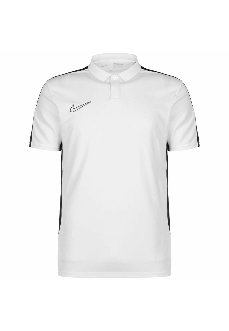 Witte polo met zwarte zijstrepen, met een knoopsluiting bij de kraag en een klein zwart Nike-logo op de borst. Gemaakt van een gladde stof.