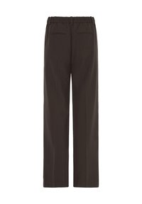 Pantalon droit marron foncé avec taille élastique et deux poches passepoilées à l’arrière, présenté de dos sur fond blanc.