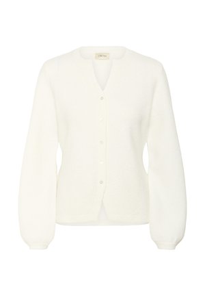 Cardigan bianco realizzato in materiale morbido e strutturato. Presenta un collo rotondo, maniche lunghe a sbuffo e bottoni lungo la parte anteriore.