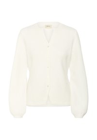 Weißer Cardigan aus weichem, strukturiertem Material. Mit runder Ausschnitt, langen Puffärmeln und Knöpfen vorne.