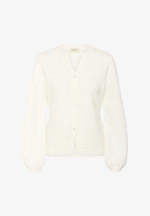 Cárdigan blanco hecho de un material suave y texturizado. Presenta un escote redondo, mangas largas abullonadas y botones en la parte delantera.